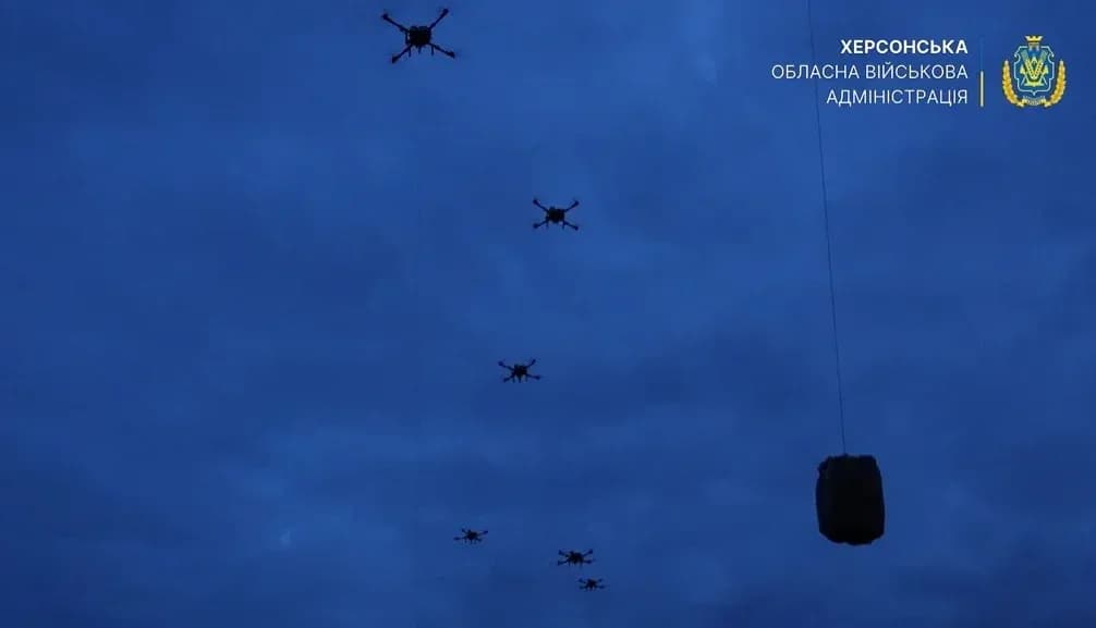 Дрони доставляють продовольство в Олешки. Скриншот із відео Херсонської ОВА