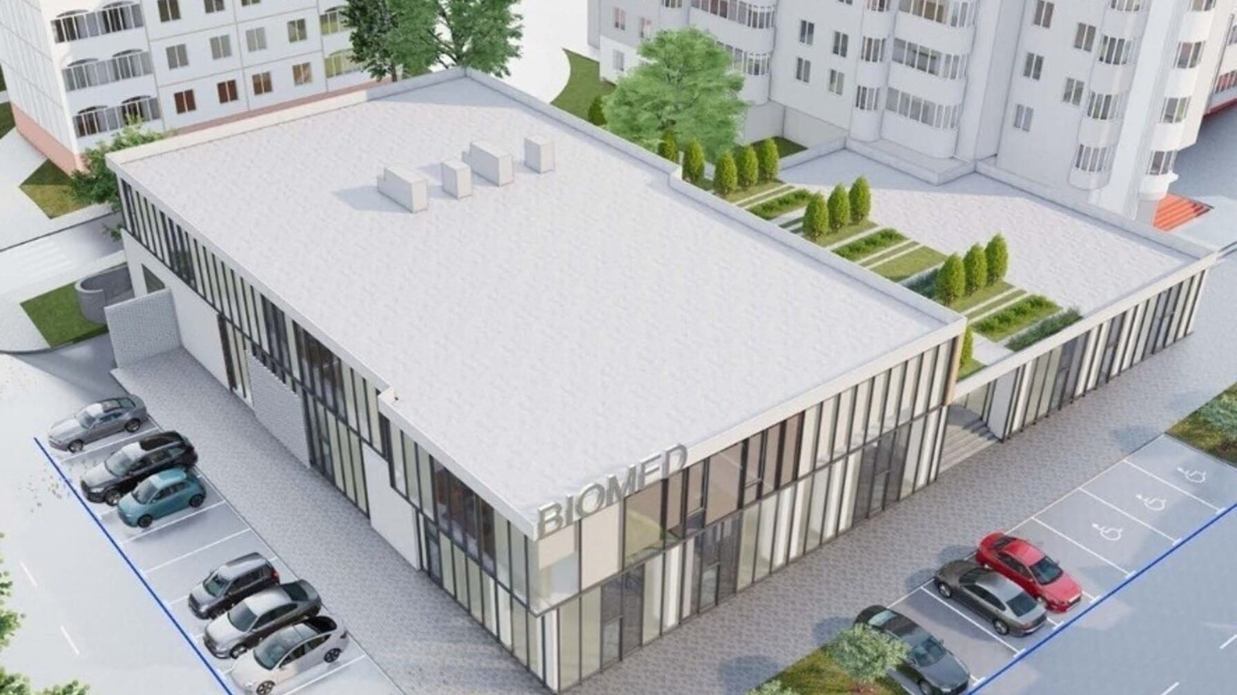 Візуалізація медичного центру з світлим фасадом і панорамними вікнами: ЛМР