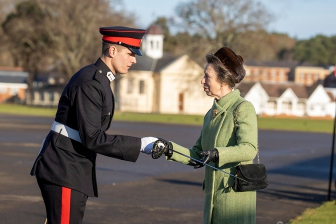 Princess Anne, the Princess Royal and daughter of Britain’s Queen Elizabeth II, greets Ukrainian Pavlo Lacy at the British military academy Sandhurst. Photo: British embassy in Ukraine