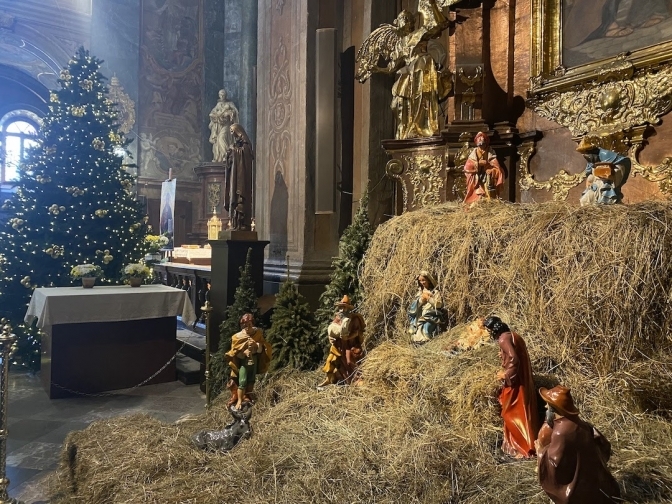 In Greek Catholic Lviv, in communion with Rome but on the eastern calendar, it’s just about the end of the Christmas season. Here’s the nativity scene today at the Garisson Chuch of Sts Peter and Paul.