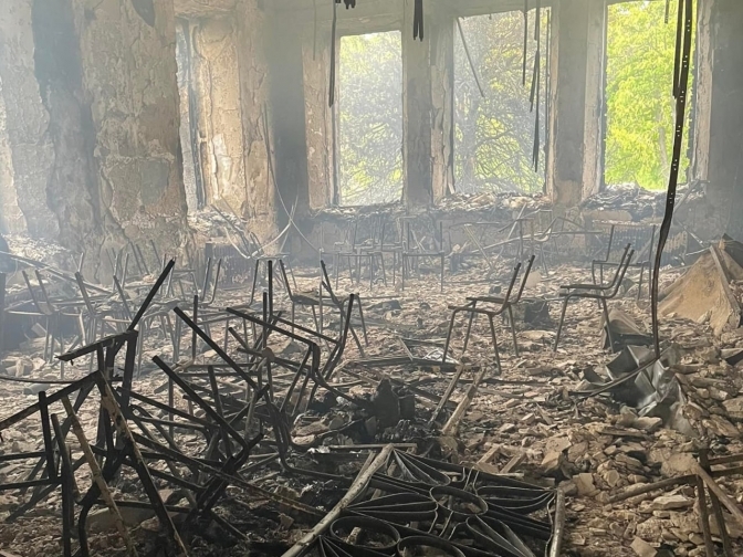 Destroyed school room in the Luhansk region