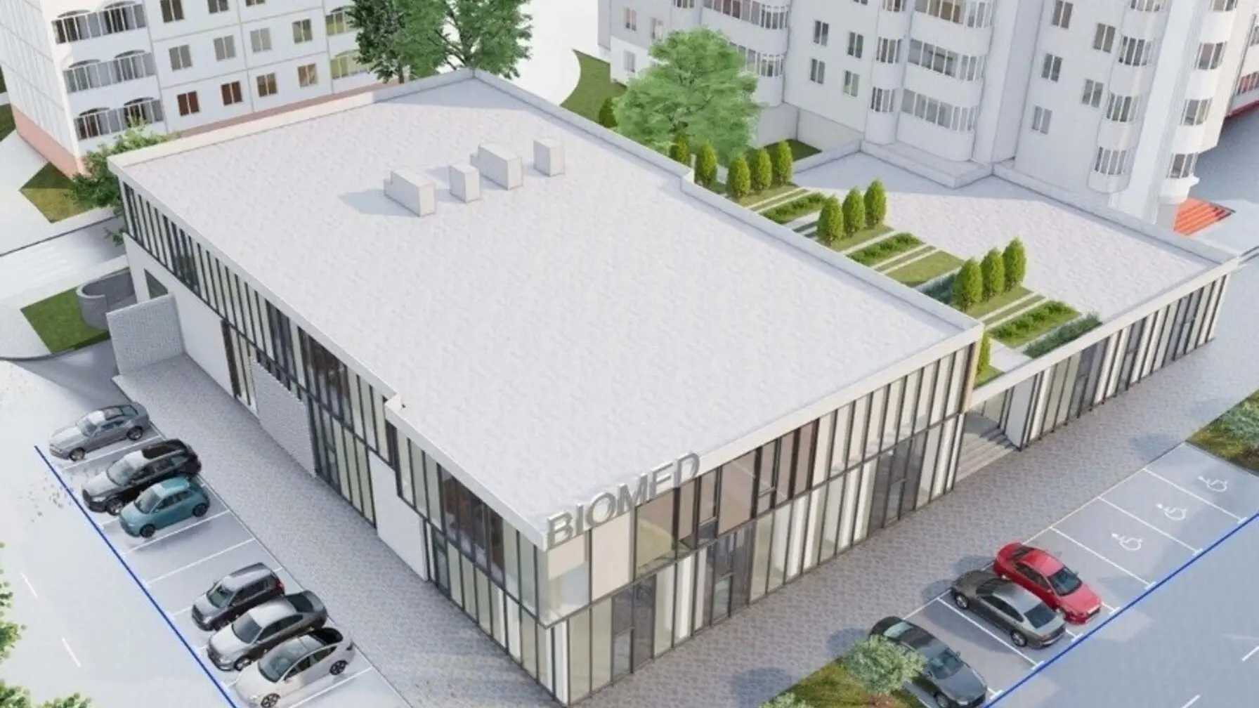 Візуалізація медичного центру з світлим фасадом і панорамними вікнами: ЛМР