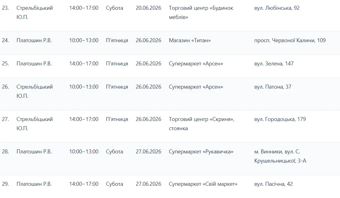 Графік стоянок Екобуса у червні / таблиця: ЛМР