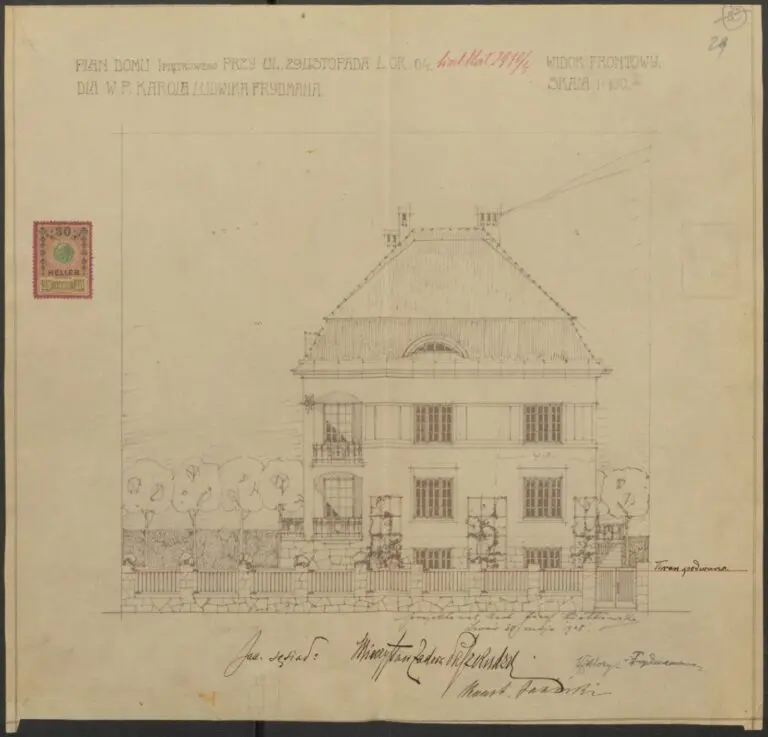 Фасад будинку на вул. Коновальця, 92 (ul. 29 Listopada). 1908 р.
ДАЛО, ф. 2, оп. 1, справа 3439.
Під кресленням фасаду напис: «проектував архітектор Юзеф Піонтковський. Львів, 29 травня 1908 р.»