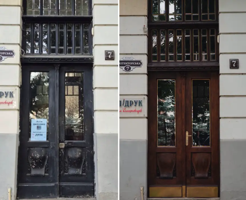 Брама парадного входу кам’яниці доктора медицини Мечислава Теодоровича до і після / Фото: Бюро спадщини