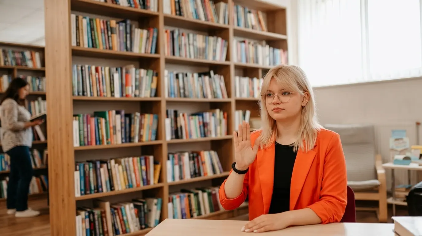 Бібліотекарка-консультантка пройшла спецкурс, аби допомагати дітям із порушеннями слуху обирати книжки та комунікувати.