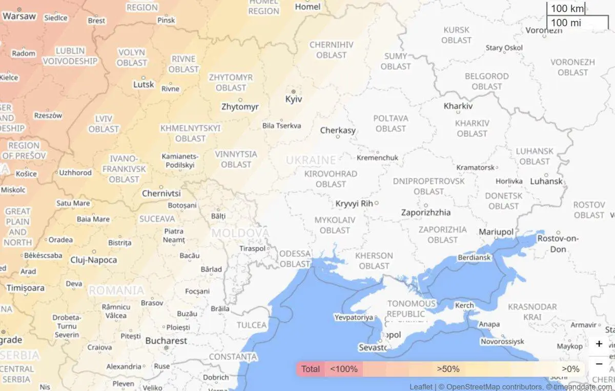 Мапа видимості сонячного затемнення 12 серпня в Україні / фото: timeanddate
