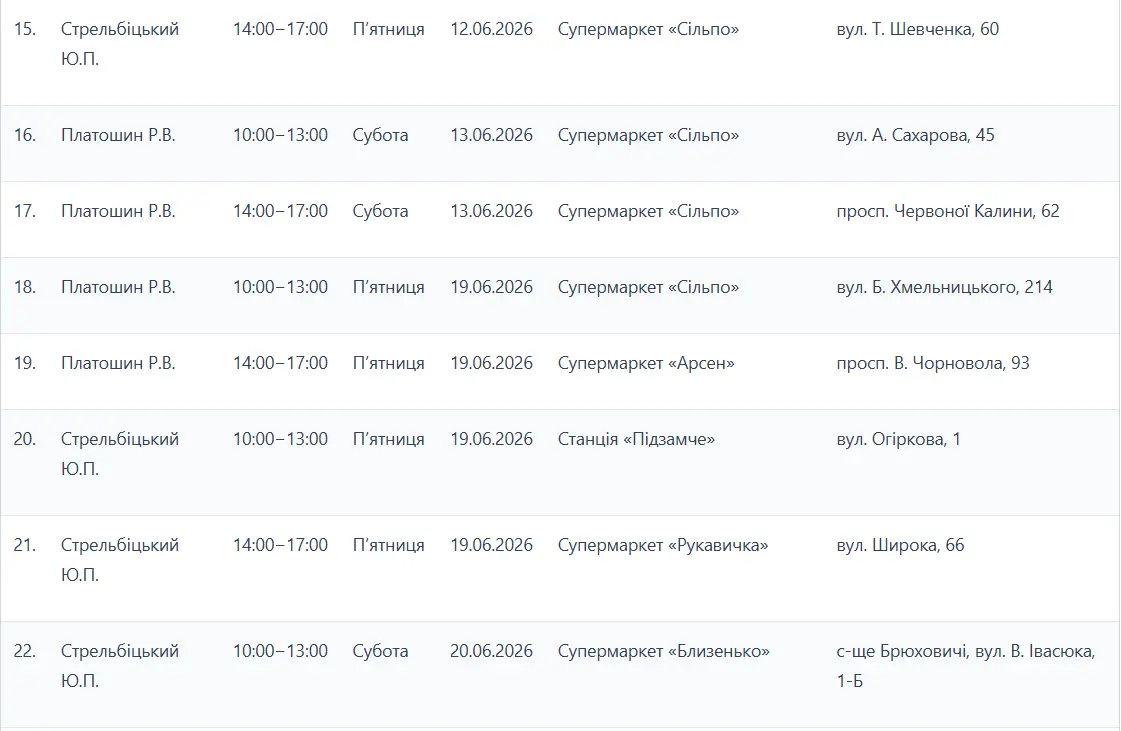 Графік стоянок Екобуса у червні / таблиця: ЛМР