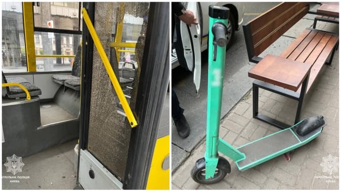 У Києві молодик жбурив у тролейбус електросамокатом та розбив скло