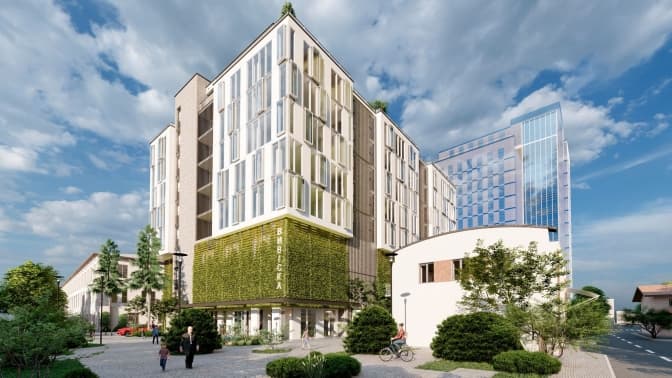 На території «Кінескопу» з’явиться офісний центр із багаторівневим паркінгом. Візуалізація