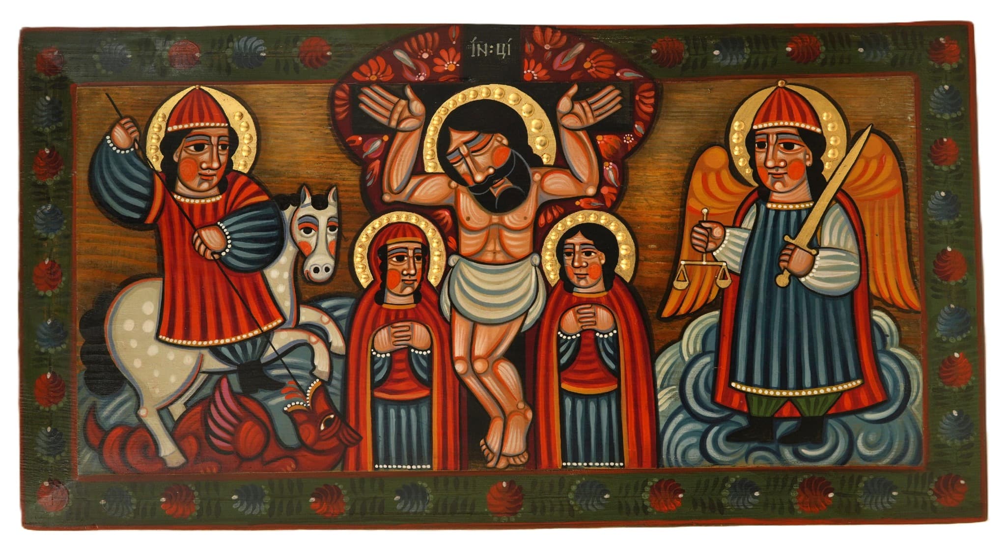 Хатня ікона зі св. Юрієм, Розп'яттям з пристоячими та архангелом Михаїлом авторства Романа Зілінка