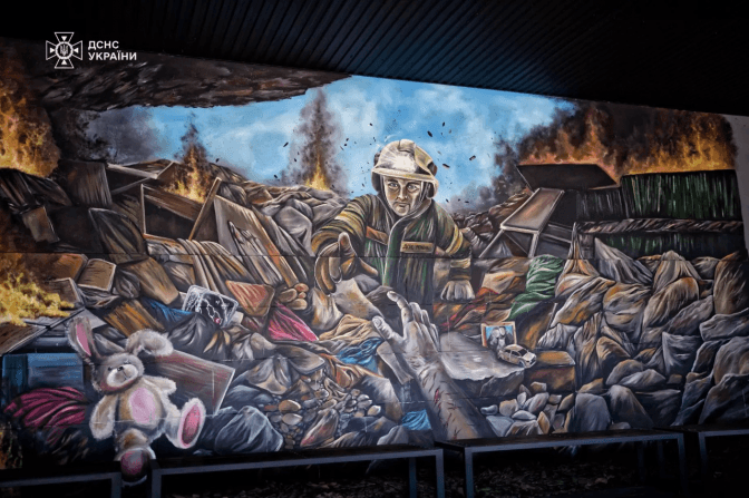 На Центральному автовокзалі Києва з'явився мурал присвячений рятувальникам ДСНС