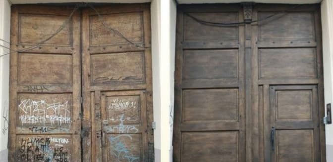 На Театральній у Львові відновили дерев’яну браму. Фото до та після