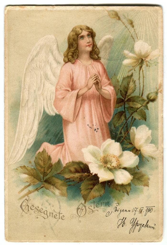 Вітальна Великодня поштівка Модесту Менцинському  від Івана Уруського - українського видавця, журналіста і громадського діяча у Відні.  Надіслана з Відня до Франкфурта-на-Майні, 17 квітня 1900 року. 