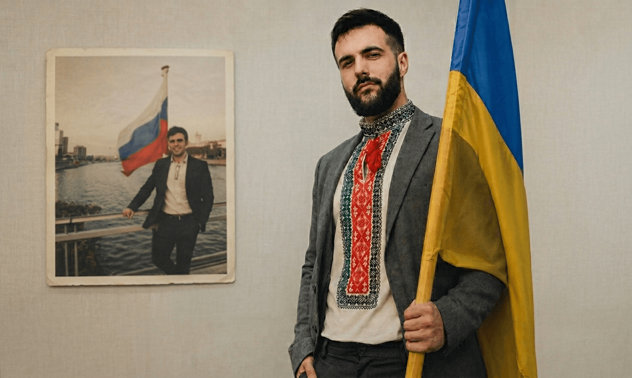 Француз Ніколя Амбер з російським прапором на фоні у 2017 році та з українським у 2026-му (згенерована ШІ), якого звинувачують у російських наративах щодо трудових мігрантів в Україні