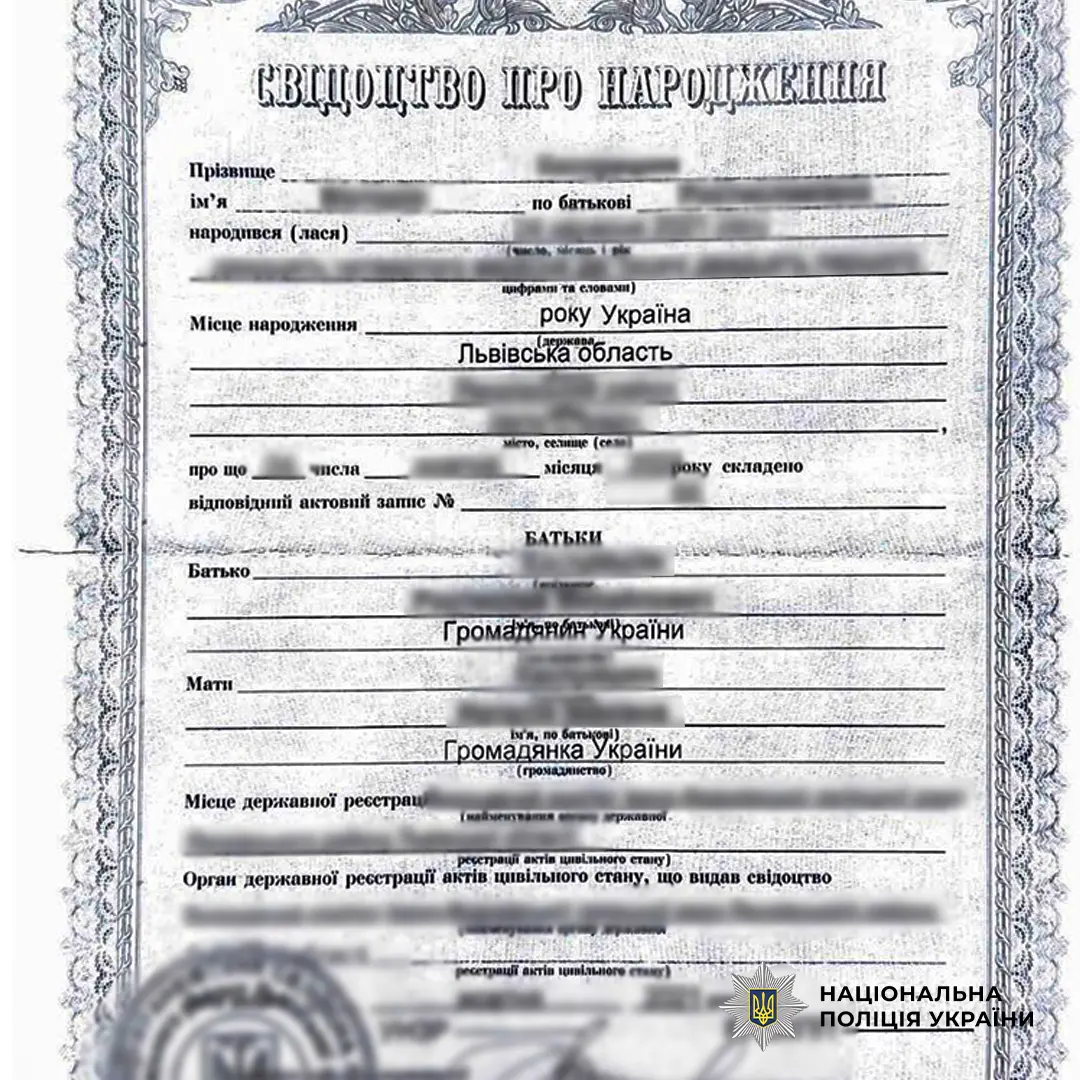 Фальшиве свідоцтво про народження дитини / фото: ДВБНПУ