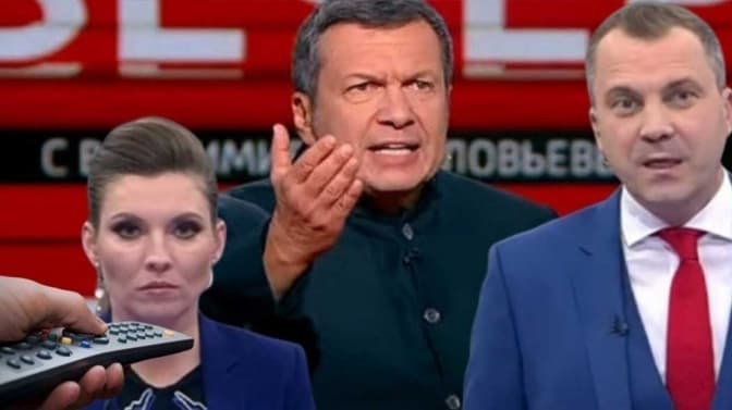 Російські пропагандисти Ольга Скабєєва, Володимир Соловйов і Євген Попов