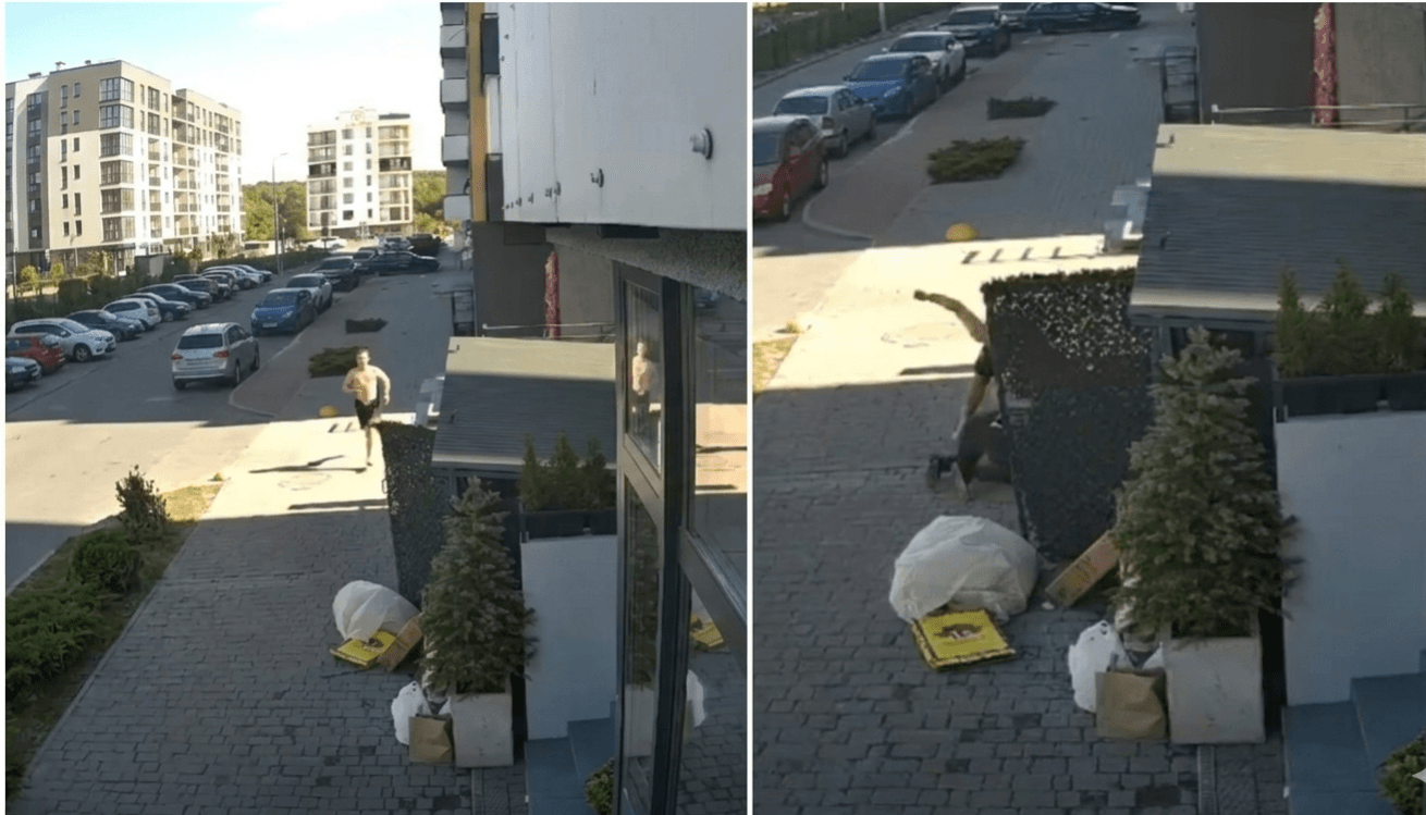 Колаж із відео на якому видно чоловіка, що спершу біжить, а потім б'є людину, яка лежить на землі