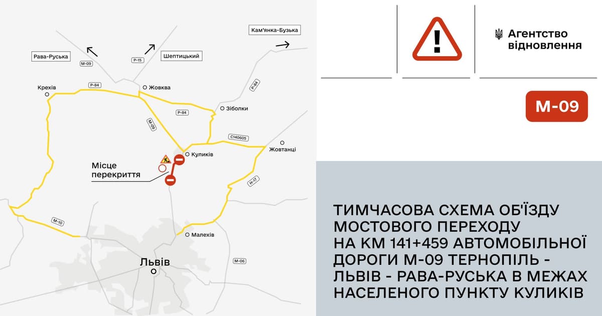 На Львівщині перекриють міст на трасі М-09 біля Куликова: як об’їхати ділянку
