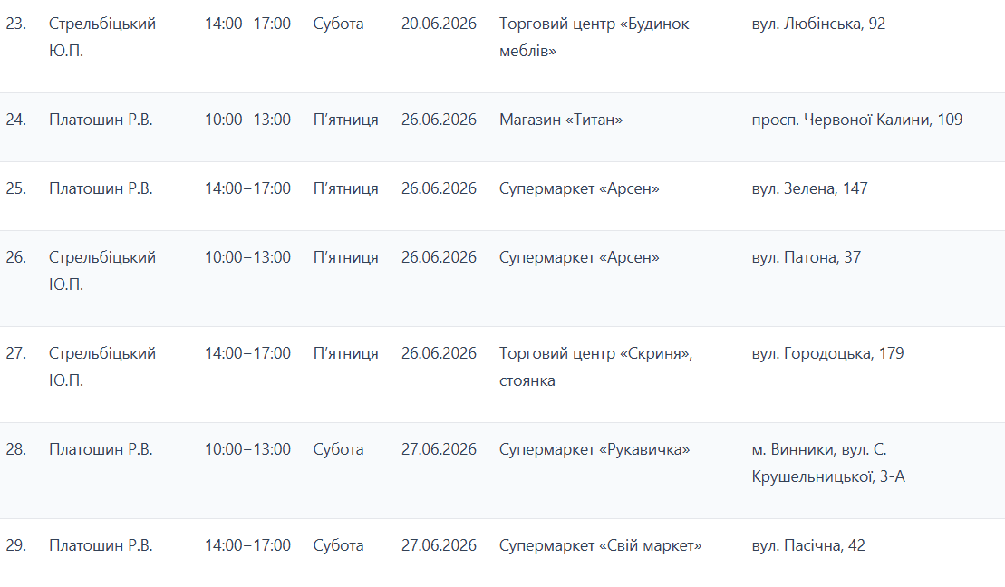 Графік стоянок Екобуса у червні / таблиця: ЛМР