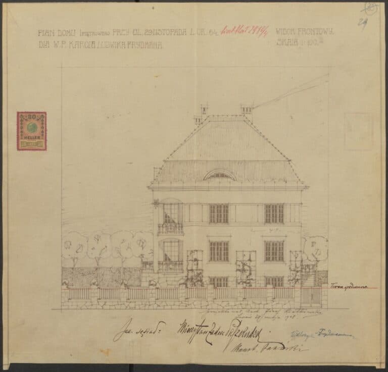 Фасад будинку на вул. Коновальця, 92 (ul. 29 Listopada). 1908 р.
ДАЛО, ф. 2, оп. 1, справа 3439.
Під кресленням фасаду напис: «проектував архітектор Юзеф Піонтковський. Львів, 29 травня 1908 р.»