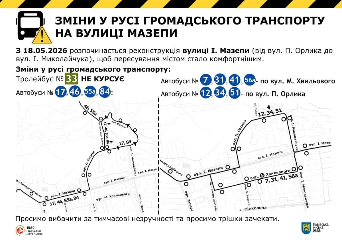 Зміни руху громадського транспорту на вул. Мазепи / фото: ЛМР