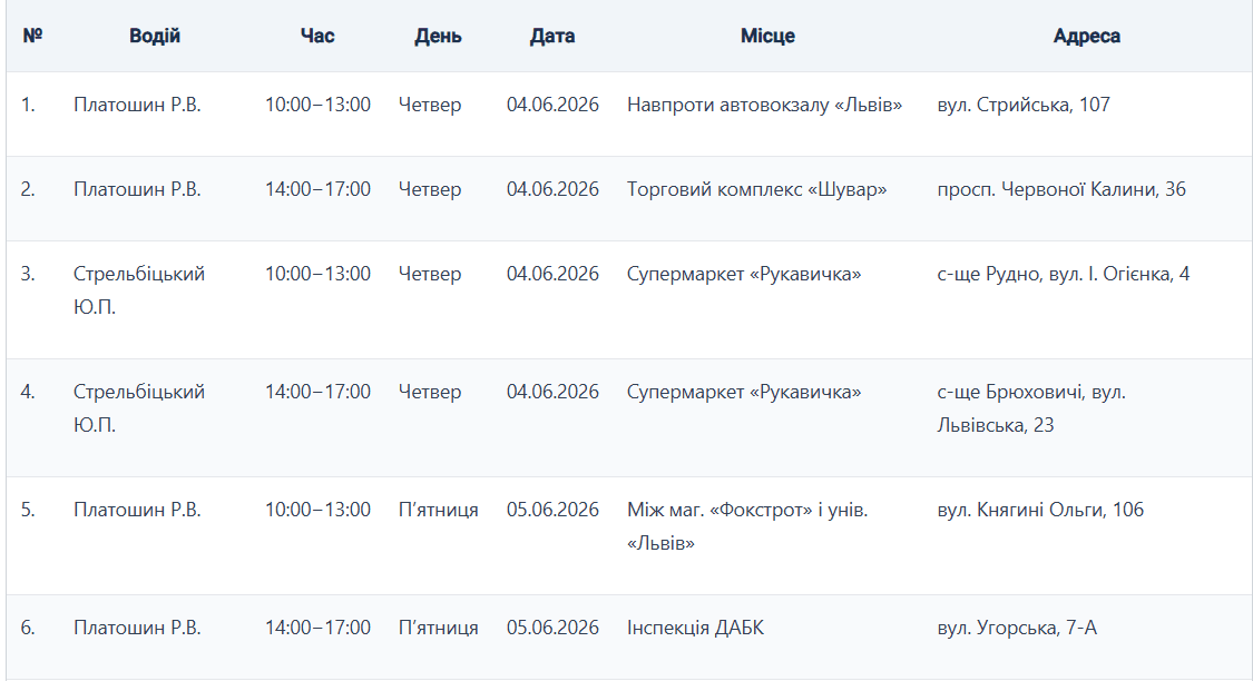 Графік стоянок Екобуса у червні / таблиця: ЛМР