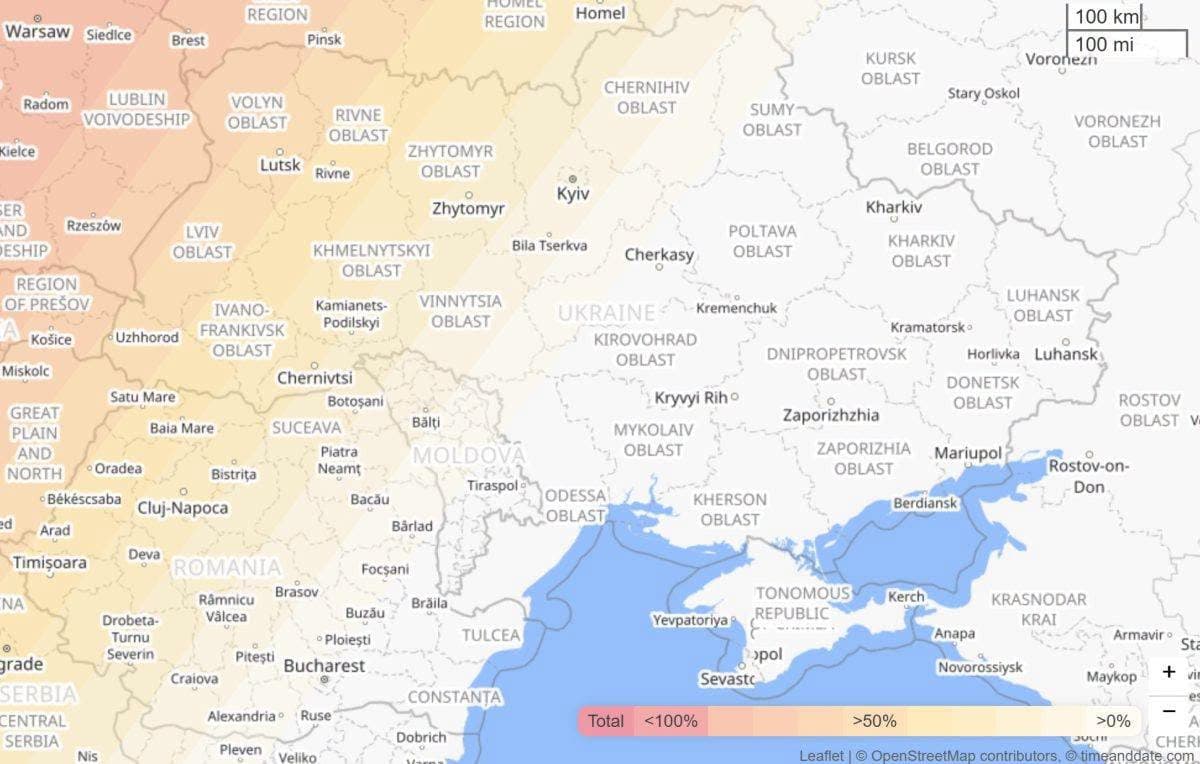 Мапа видимості сонячного затемнення 12 серпня в Україні / фото: timeanddate