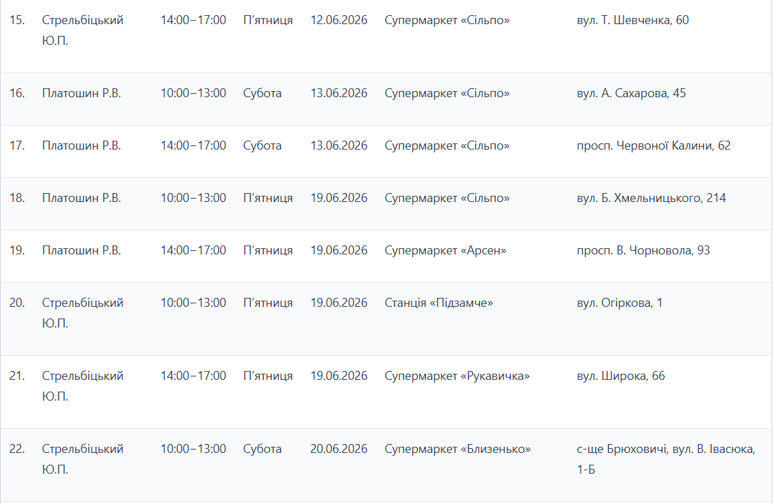 Графік стоянок Екобуса у червні / таблиця: ЛМР