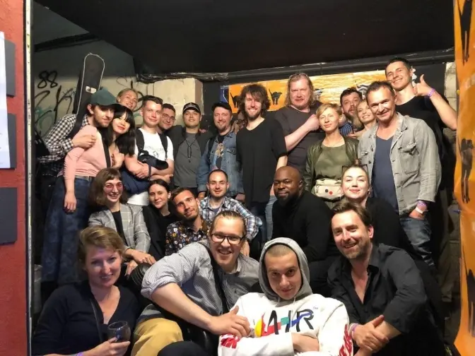 The scene outside LV Café, early morning, after a Leopolis Jazz Fest-weekend jam. Eric Worthman is in the second row, second from right.
