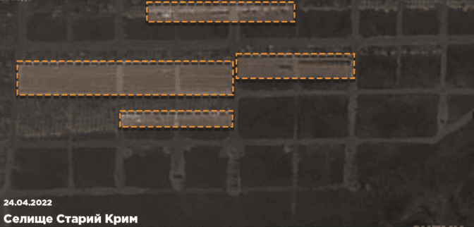 Супутниковий знімок масового поховання у селищі Старий Крим біля Маріуполя, 24 квітня 2022 року/Радіо Свобода