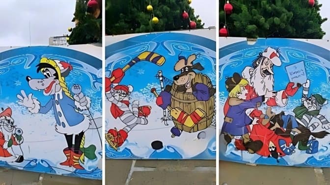 В Українці на Київщині під ялинкою встановили радянські декорації з "дідом Морозом"