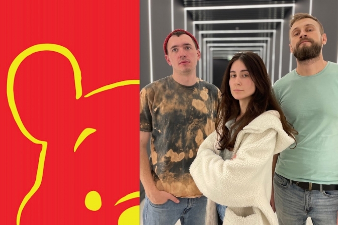 Left: Winnie the Pooh, as the cover art of the song «Textbooks» by Dity Inzheneriv; Right: The members of Dity Inzheneriv, or Children of Engineers – Alex Zamai (guitar), Olexandra Kopachevska (vocals), Serhii Pukhov (bass and songwriting); Petro Kidanchuk (drums) not pictured.